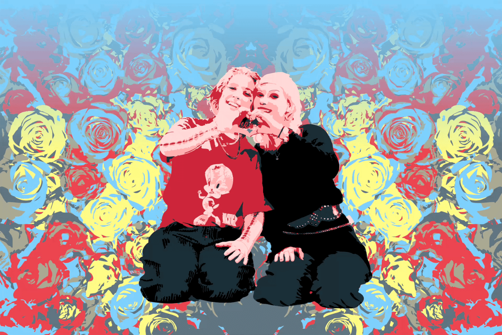 Das Bild zeigt eine stilisierte Illustration vor einem hellblauen Hintergrund. Im Zentrum stehen zwei Personen: Eine Person klettert nach oben, während die andere ihr von unten die Hand reicht. Die Szene wird von einem Muster aus abstrakten Rosen in Rot, Gelb, Blau und Grau umrahmt. Im unteren Bereich befindet sich eine große rote Zahl „2“, darüber der Schriftzug „FREUNDSCHAFT IM HOF“ in blauen Großbuchstaben. Die Komposition vermittelt ein Gefühl von Gemeinschaft und Unterstützung.