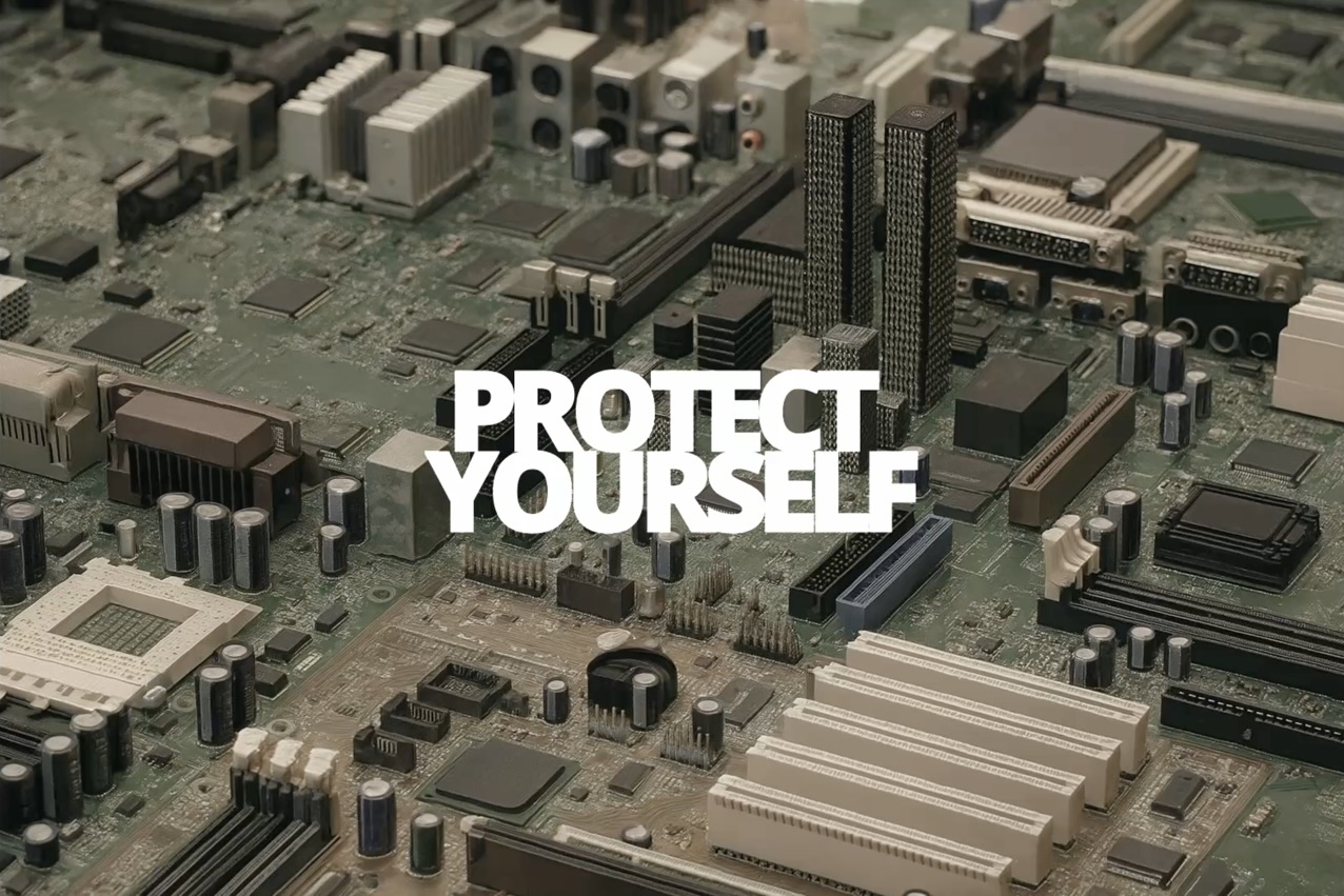 Detailaufnahme einer Computerplatine mit dem Text „PROTECT YOURSELF“ in großen weißen Buchstaben in der Bildmitte. Das Bild ist bewusst so gestaltet, dass es auf den ersten Blick nicht an eine Computerplatine, sondern an die Luftaufnahme einer Großstadt erinnert. 