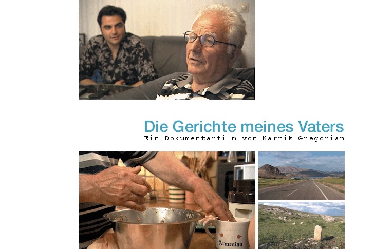 Collage zum Dokumentarfilm ‚Die Gerichte meines Vaters‘: Zwei ältere Männer mit unscharfem Gesicht auf einem Sofa, Nahaufnahme von Händen beim Kochen, daneben Landschaftsbilder und eine Tasse mit Aufschrift ‚Armenian‘