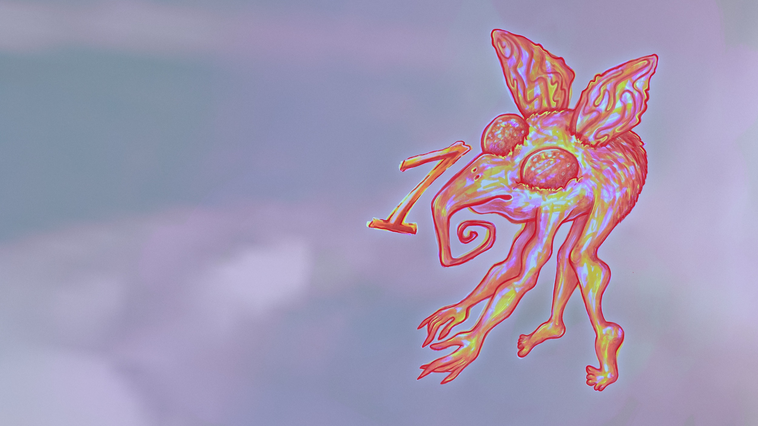 Künstlerische Zeichnung eines fantasievollen Wesens mit großen Ohren, herausstehenden Augen, spiralförmiger Nase und langen Armen und Beinen in Orange- und Gelbtönen auf einem abstrakten, orangefarbenen Hintergrund.