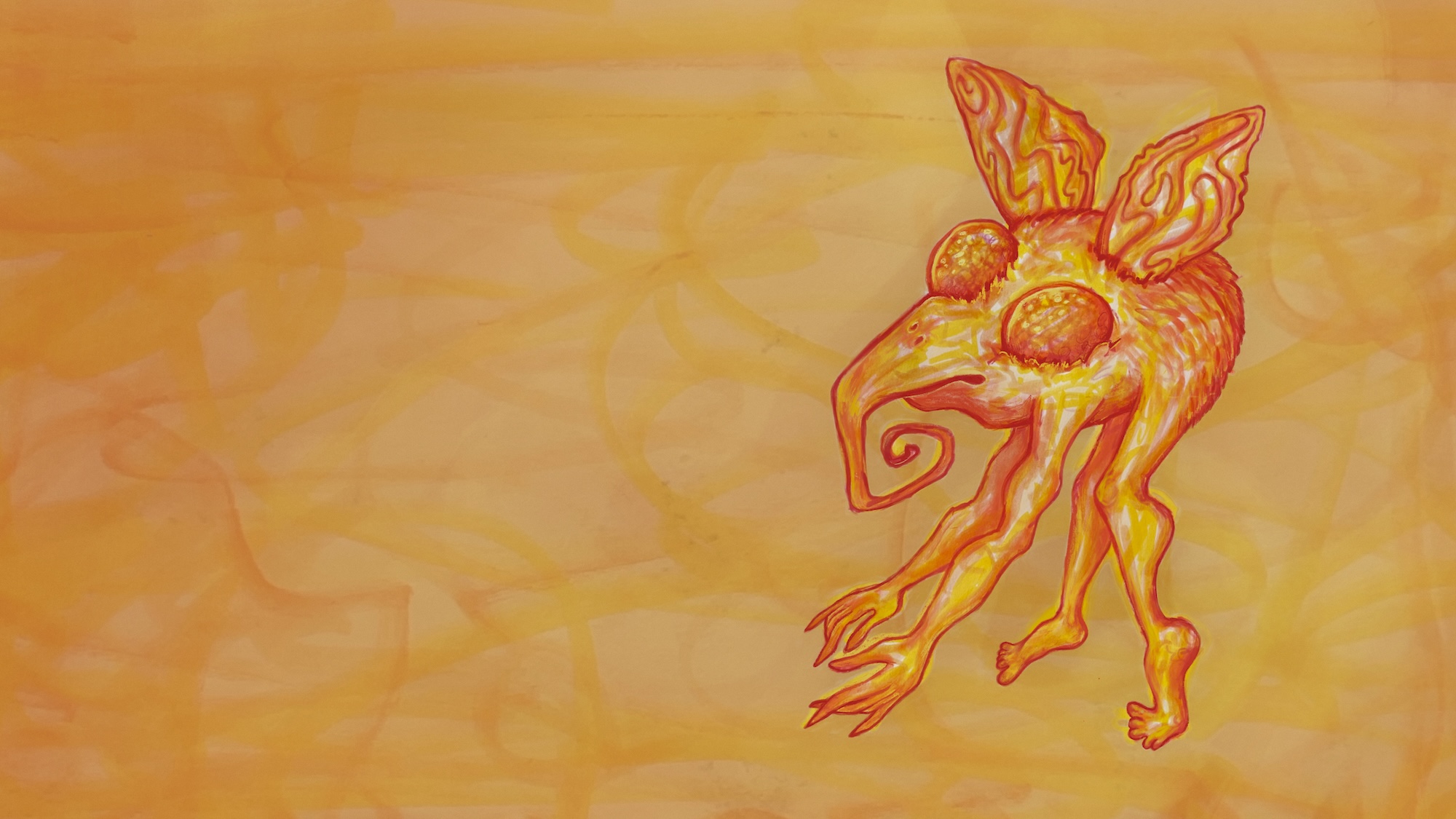 Künstlerische Zeichnung eines fantasievollen Wesens mit großen Ohren, herausstehenden Augen, spiralförmiger Nase und langen Armen und Beinen in Orange- und Gelbtönen auf einem abstrakten, orangefarbenen Hintergrund.