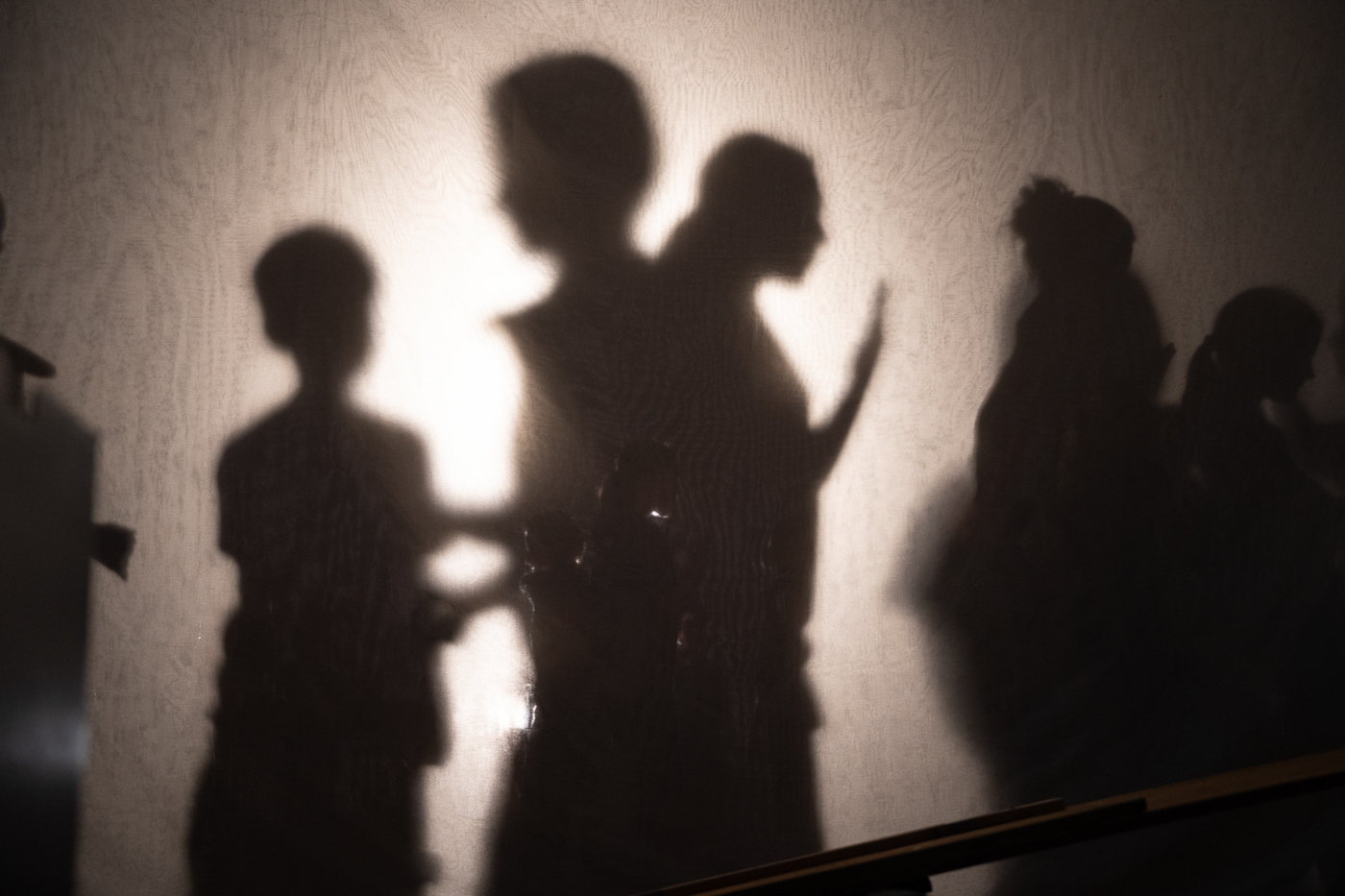 Die Schatten mehrerer Kinder und Erwachsener fallen während einer Aufführung groß auf eine beleuchtete Wand, Details sind nur als Umrisse zu erkennen.