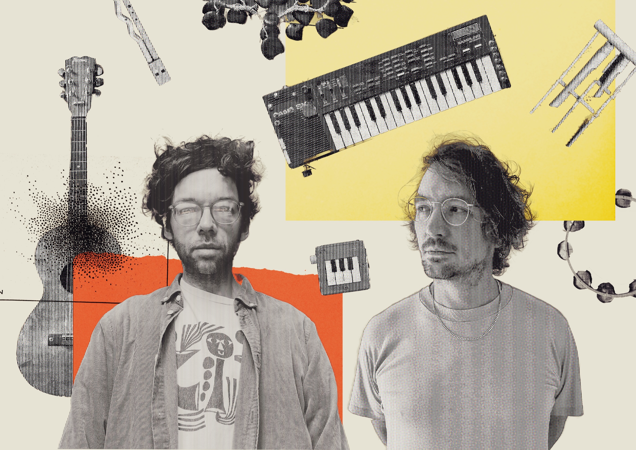 Zwei Personen stehen vor einem grafisch gestalteten Hintergrund mit farbigen Formen und Musikinstrumenten wie Gitarre und Synthesizer. Die Kleidung ist lässig, der Stil ist experimentell und modern. Das Bild vermittelt eine künstlerische, musikalische Atmosphäre passend zur Band Joasihno. 