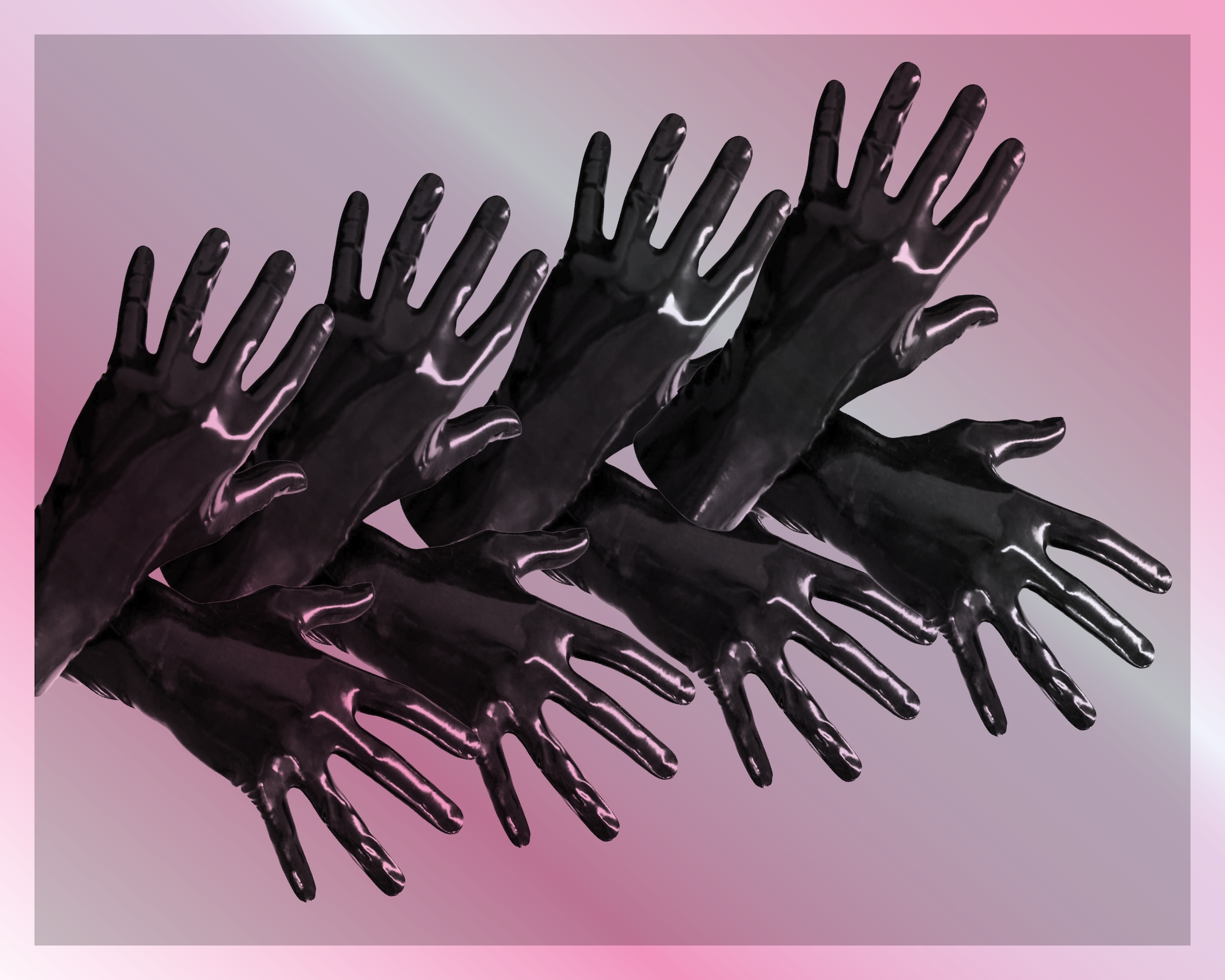Mehrere schwarze, glänzende Latexhandschuhe sind gestapelt und diagonal angeordnet vor einem pastellfarbenen Hintergrund mit rosa Farbverlauf. Das Bild wirkt abstrakt und künstlerisch.