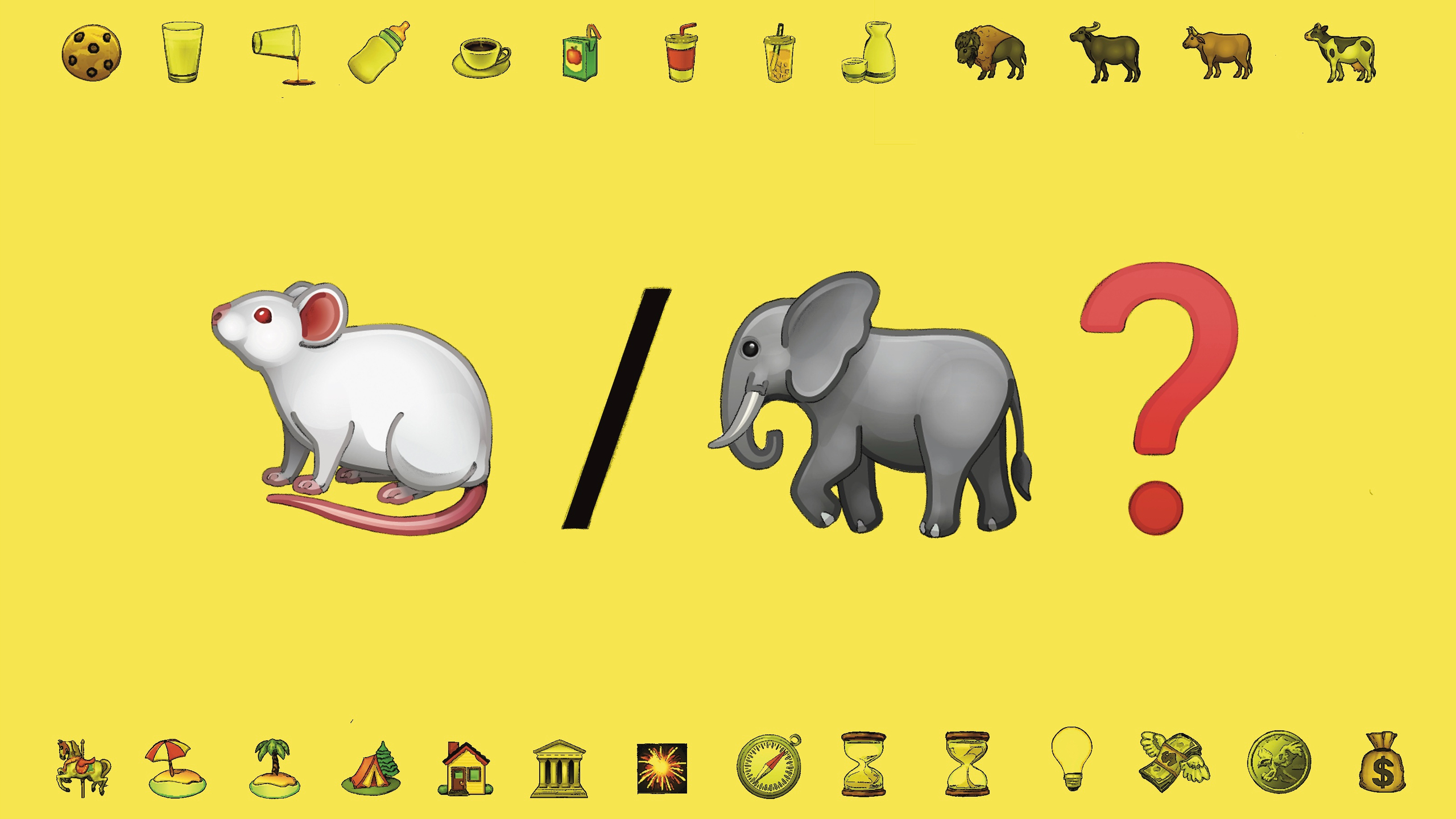 llustration: Eine Maus und ein Elefant stehen getrennt durch einen Schrägstrich auf gelbem Hintergrund, daneben ein rotes Fragezeichen. Oben sind verschiedene Trink- und Tier-Icons, unten kleine Symbole wie Haus, Tempel und Sanduhr.