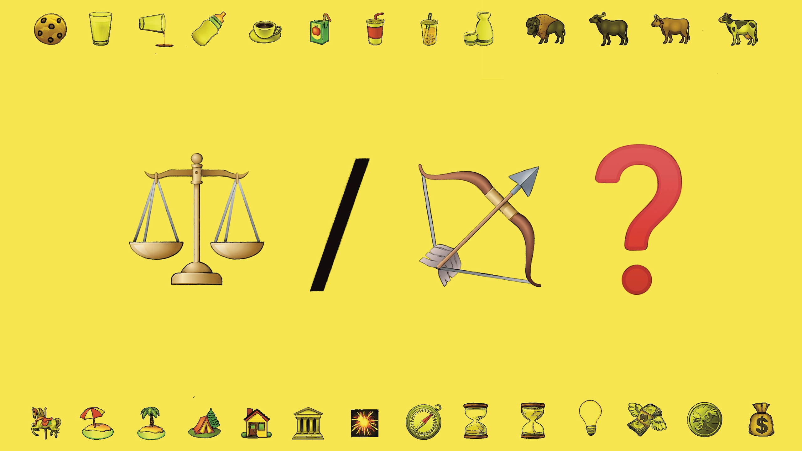 Illustration: Waage und Pfeil und Bogen, getrennt durch einen Schrägstrich, daneben ein rotes Fragezeichen auf gelbem Hintergrund. Am Rand sind passende Icons wie Zirkuspferd, Tempel und Glühbirne