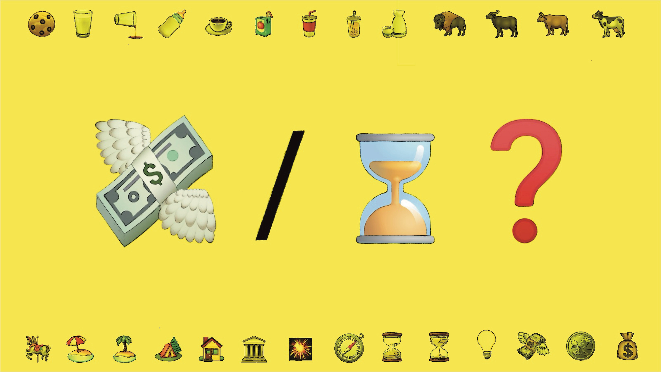 Illustration: Ein Bündel Geldscheine mit Flügeln und eine Sanduhr, getrennt durch einen Schrägstrich, daneben ein rotes Fragezeichen auf gelbem Hintergrund. Oben sind verschiedene Getränke- und Tiere-Icons, unten kleine Symbole wie Palme und Münzen.