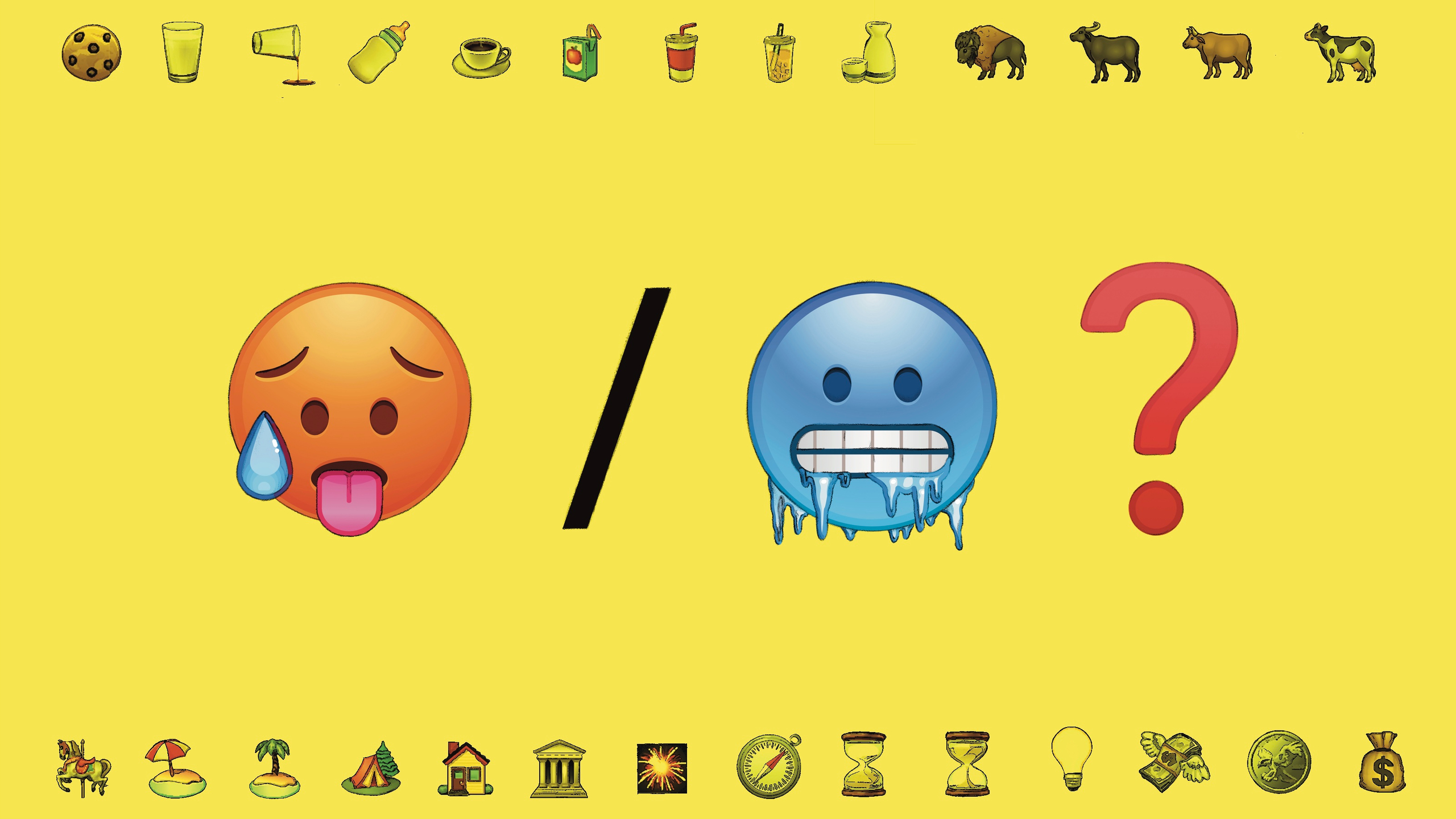 Illustration: Schwitzendes Emoji und frierendes Emoji, getrennt durch einen Schrägstrich, daneben ein rotes Fragezeichen auf gelbem Hintergrund. Ornamente wie Getränk, Tier und Sanduhr sind ober- und unterhalb zu sehen