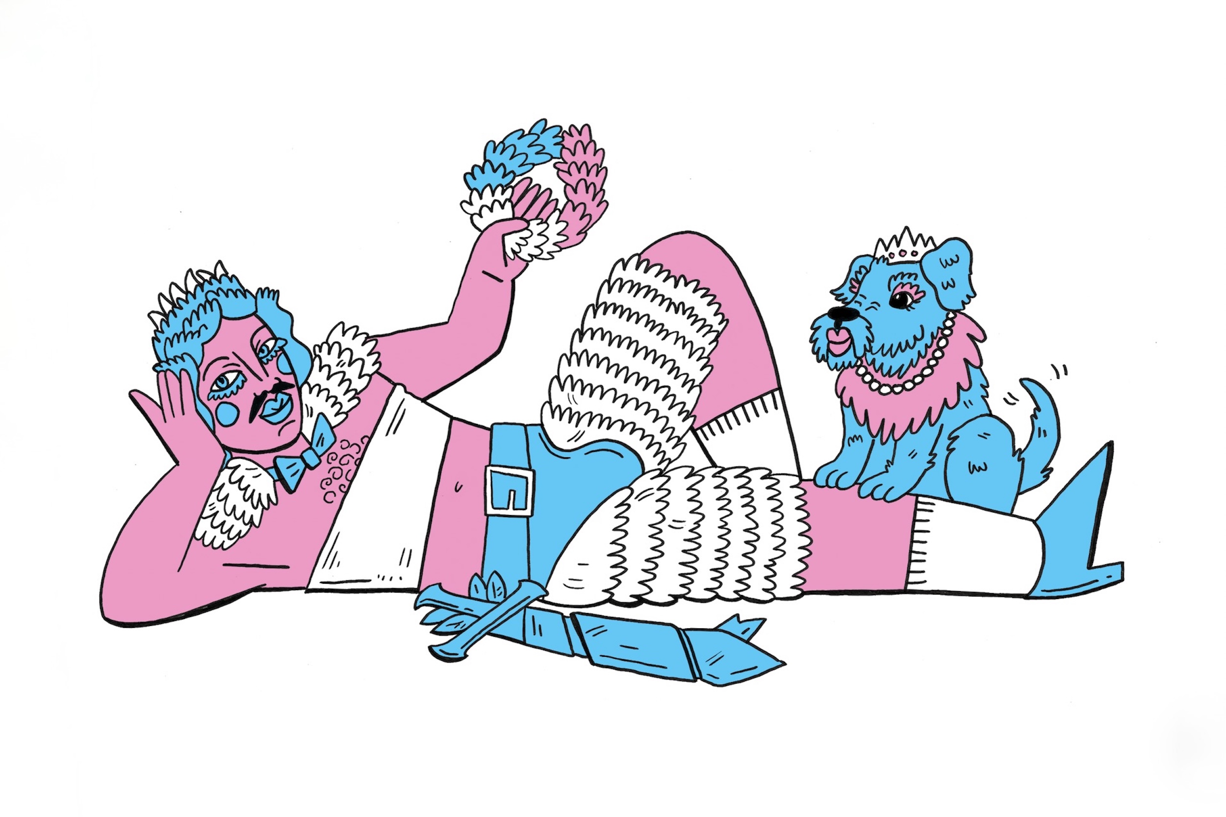 Illustration einer liegenden Drag-Figur in Pink und Blau mit Federn, Stiefeln und Gürtel, die sich entspannt auf einem Arm abstützt, daneben ein kleiner blauer Hund mit Halskette und Krone.