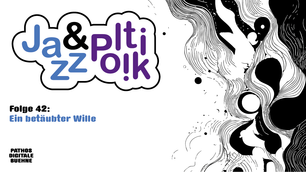 Quadratisches Cover mit hellgrauem Hintergrund. Oben mittig befindet sich das Logo „Jazz & Politik“ in einer wolkenförmigen weißen Fläche mit schwarzer Kontur. Das Wort „Jazz“ ist in Hellblau gestaltet, das „&“ in Schwarz und „Politik“ in Violett. Die Buchstaben sind verspielt angeordnet und teilweise versetzt. In der Mitte des Covers steht der Titel „Folge 38: Krieg“, wobei „Krieg“ in Hellblau hervorgehoben ist. Unten befindet sich das Logo „PATHOS DIGITALE BUEHNE“ in schwarzer Blockschrift. Der Bildrand wird von abstrakten schwarzen und weißen, blasen- und tintenartigen Formen eingerahmt, die dem Design einen grafischen, comicartigen Charakter verleihen.